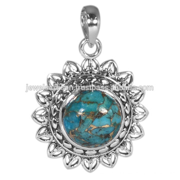 Azul de cobre turquesa piedras preciosas con 925 plata sólida artesanal flor diseñador joyería de boda pendiente